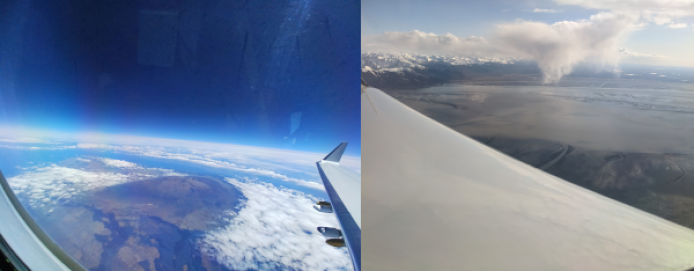 Looking over the GV airplane wing at Mauna Kea, Hawaii, and the coast of Alaska. Photos by Eric Apel and Alessandro Franchin.
