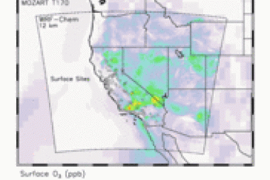 A WRF-Chem simulation showing high amounts of ozone produced from wildfires.