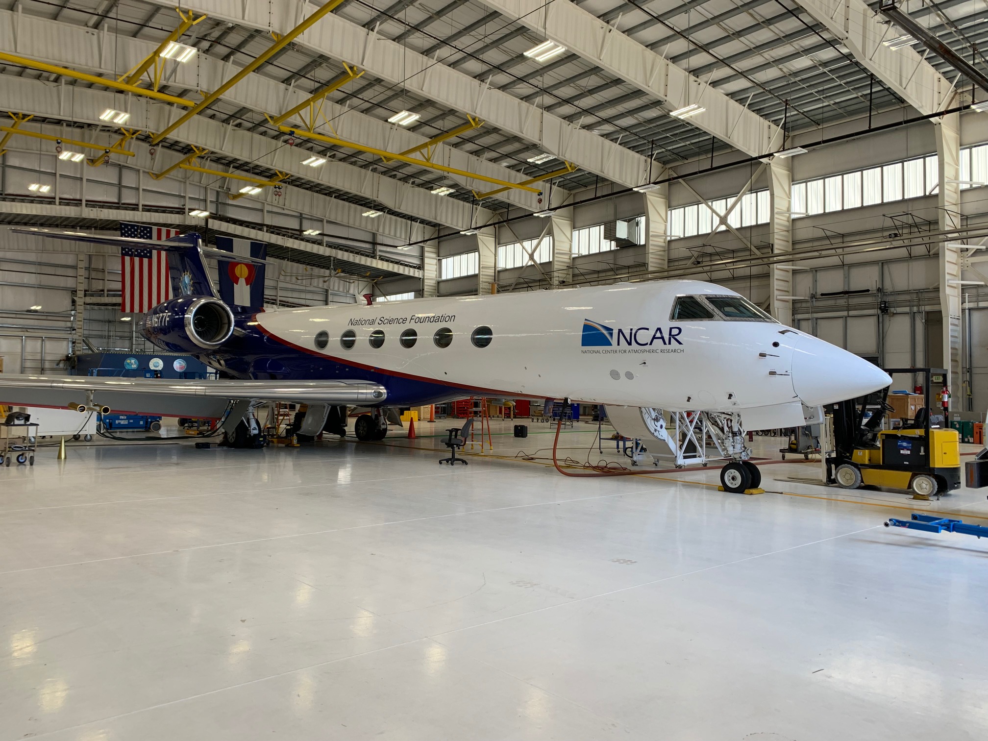 GV research aircraft in hangar at Rocky Mountain Metropolitan Airport (Charles Brock)