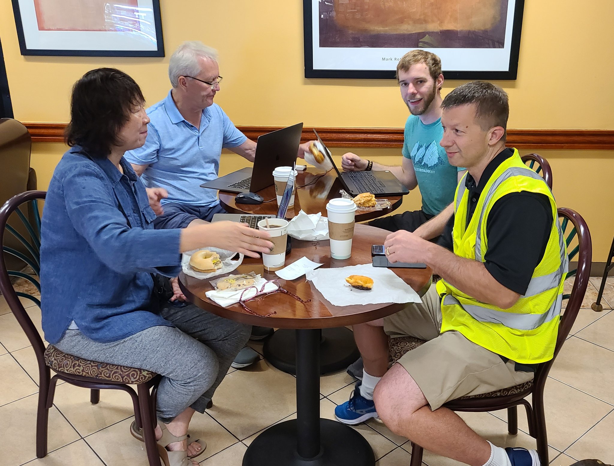 Our extraordinary #ACCLIP flight planning team, @NCAR_ACOM  scientists Laura Pan, Doug Kinnison, Ren Smith, and Shawn Honomichl, met over breakfast this morning to discuss the most recent models. #NSFfunded #NSFGEO (August 11, 2022; photo by Rebecca Hornbrook)