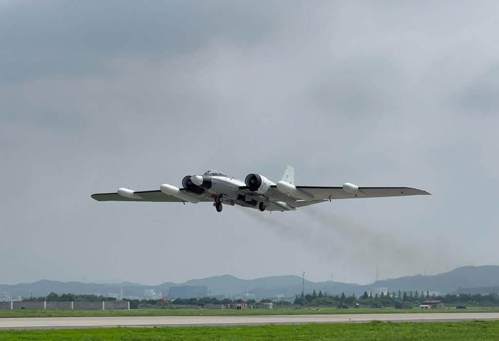The NASA WB-57 research aircraft takes off from Osan Air Force Base for research flight RF03 on August 6, 2022. (Laura Pan)