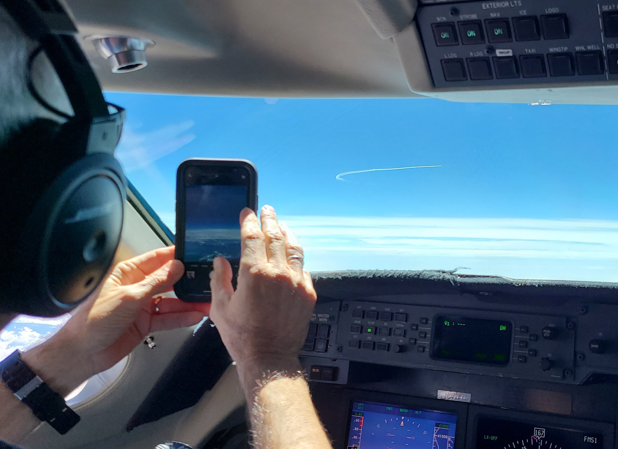 Scenes from an #ACCLIP flight: Our pilot Doug takes a pic of the @NASAAirborne  WB-57 circling above to fall in behind us; Teresa  and Georgia at the front of the cabin; Kyle, Shawn, Kirk, and myself at the back; #TOGA_TOF doing its thing. 👍 @NCAR_ACOM @ncareol #AsianMonsoon (Rebecca Hornbrook)