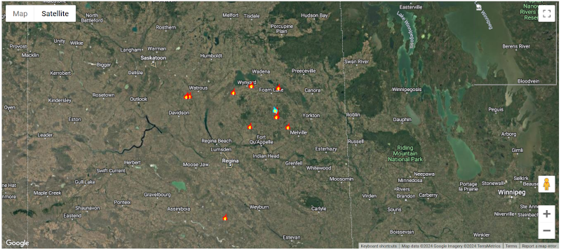 FINN fire detections in Saskatchewan, Canada; November 4, 2024