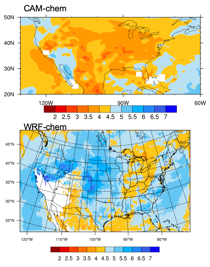 Temporally- and vertical column averaged, as well as liquid water content average pH for the continental U.S.