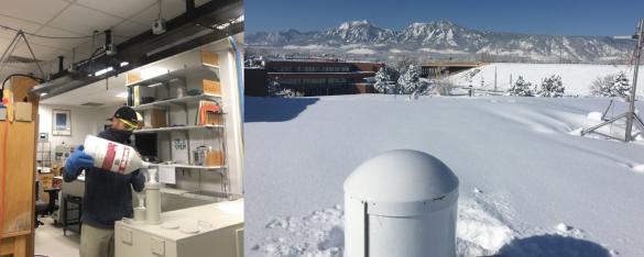Ivan Ortega fills dewar with liquid nitrogen; instruments on roof of ACOM laboratory.