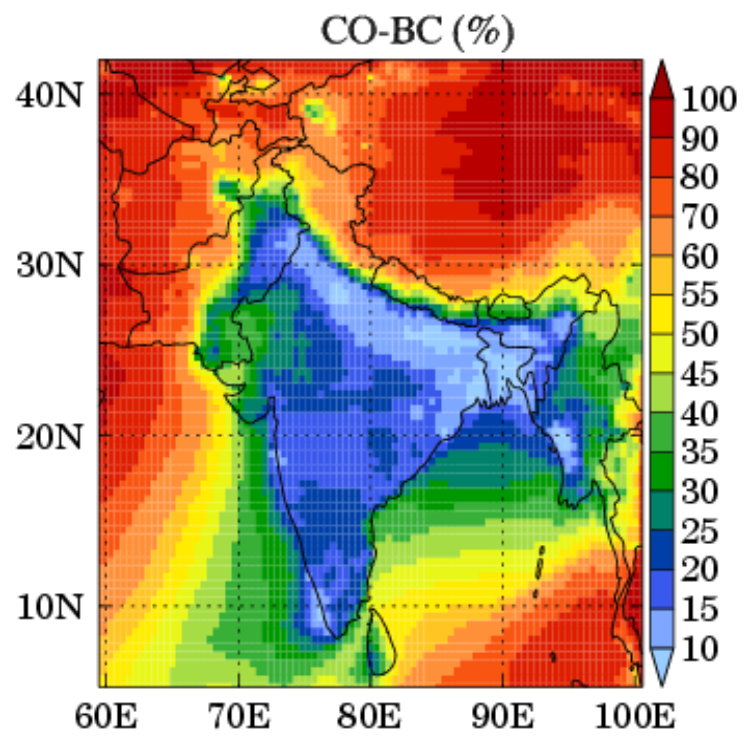 Surface spatial distributions of average total CO mixing ratios.