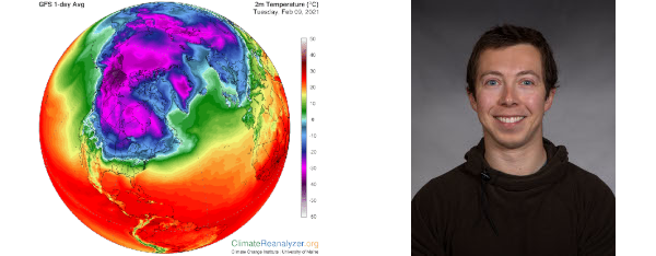 Arctic air spills into the United States on Feb. 9, 2021. Map: ClimateReanalyzer.org. Portrait of Nick Davis.