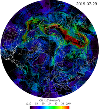 CO fire emissions measured by TROPOMI on July 29, 2019.