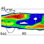 Frequency of occurrence (%) of cirrus clouds at 121 hPa.