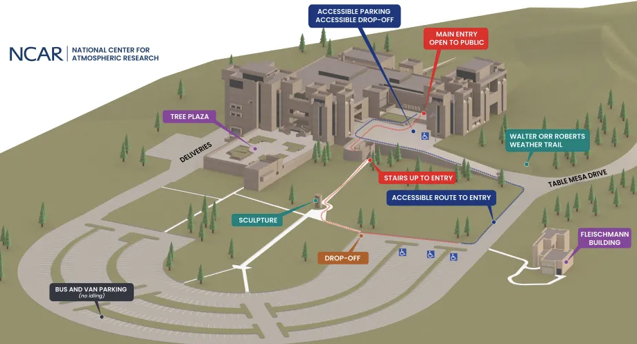 Map of the Mesa Lab with parking lot and entries noted.