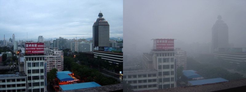 Wikimedia Commons, author Bobak: Two photos taken in the same location in Beijing in August 2005. The photograph on the left was taken after it had rained for two days. The right photograph shows smog covering Beijing in what would otherwise be a sunny day. File:Beijing smog comparison August 2005.png