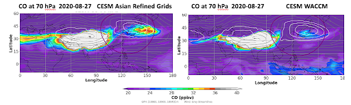 Modeled carbon monoxide (CO) in the lower stratosphere for two configurations of the NCAR CESM.