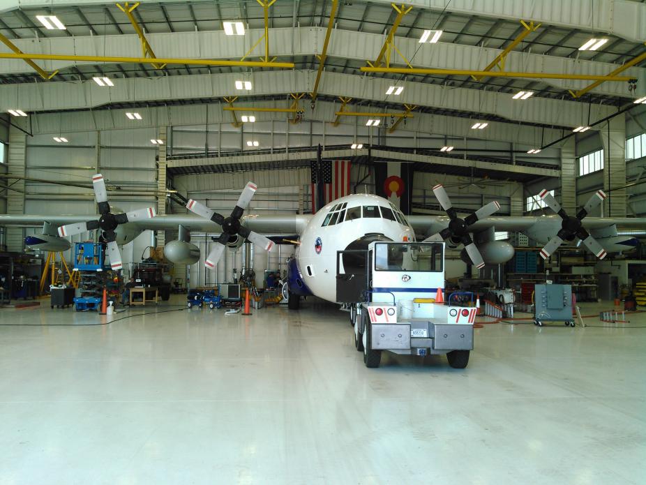 C-130 in hangar at NCAR Research Aviation Facility.