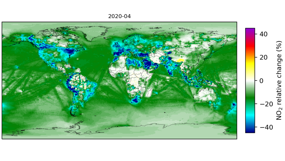 Relative change (percent) in April 2020 in the surface monthly mean concentration of NO2 resulting from the change to the adopted surface emissions of primary pollutants during the COVID-19 pandemic period. 