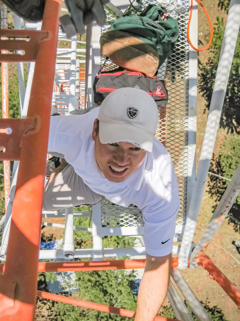 Kirk Ullmann installing actinic flux instruments on the tower at the Manitou Experimental Forest Observatory during BEACHON-ROCS, 2010.