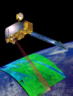 Artist depiction of MOPITT satellite-based instrument operating in space.