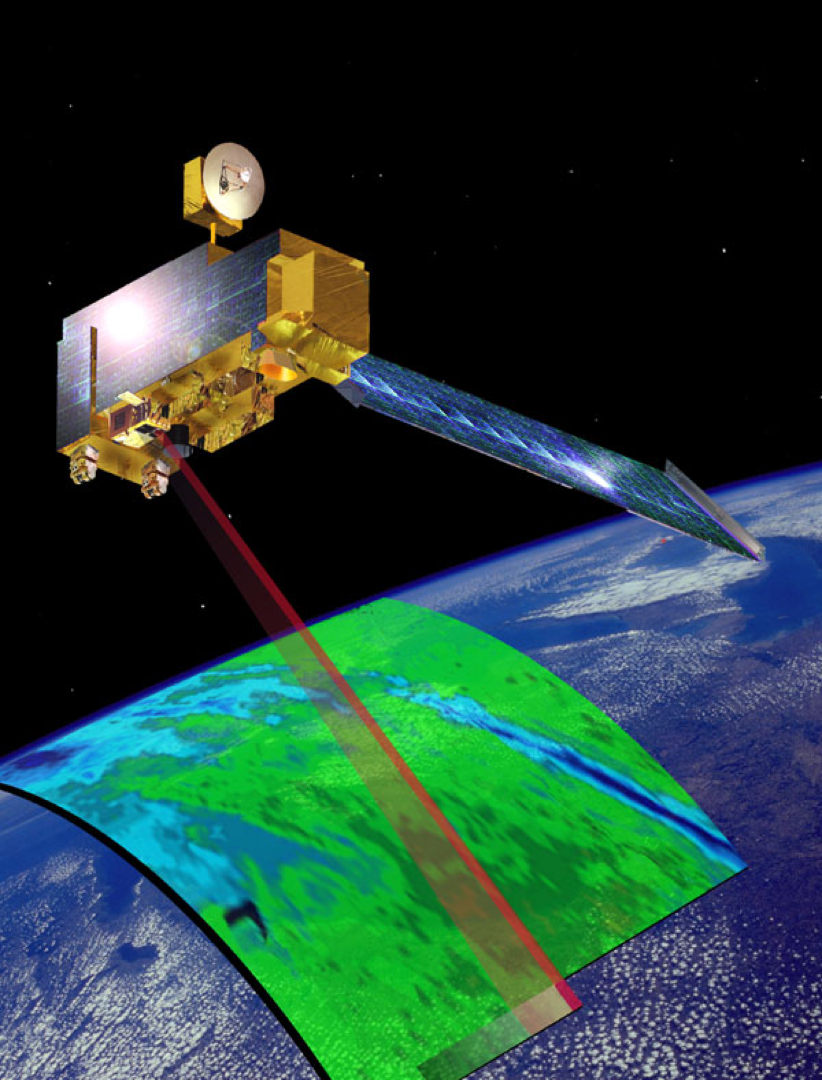 Artist depiction of MOPITT satellite in orbit.