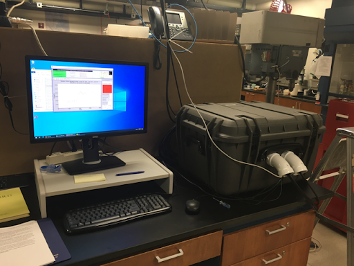 UV spectrometer system located inside room 3164 in a controlled temperature enclosure.
