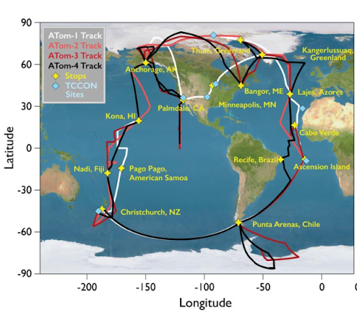 Map of the flight tracks and stops for the four ATom deployments.