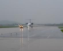 The NSF/NCAR G-V (N677F) arrives at Osan AB as part of the ACCLIP campaign. Credits:  SSgt. Dwane Young (USAF)
