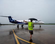 The NSF/NCAR G-V (N677F) arrives at Osan AB as part of the ACCLIP campaign. Credits:  SSgt. Dwane Young (USAF)