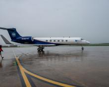 The NSF/NCAR G-V (N677F) arrives at Osan AB as part of the ACCLIP campaign. Credits:  SSgt. Dwane Young (USAF)