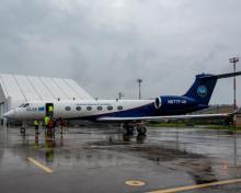 The NSF/NCAR G-V (N677F) arrives at Osan AB as part of the ACCLIP campaign. Credits:  SSgt. Dwane Young (USAF)