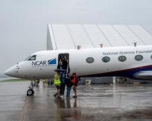 The NSF/NCAR G-V (N677F) arrives at Osan AB as part of the ACCLIP campaign. Credits:  SSgt. Dwane Young (USAF)