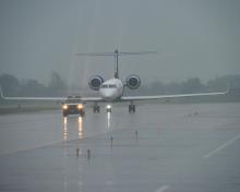 The NSF/NCAR G-V (N677F) arrives at Osan AB as part of the ACCLIP campaign. Credits:  SSgt. Dwane Young (USAF)