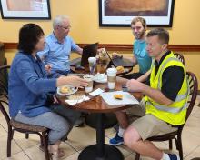 Our extraordinary #ACCLIP flight planning team, @NCAR_ACOM  scientists Laura Pan, Doug Kinnison, Ren Smith, and Shawn Honomichl, met over breakfast this morning to discuss the most recent models. #NSFfunded #NSFGEO (August 11, 2022; photo by Rebecca Hornbrook)