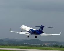 The NSF/NCAR HIAPER GV research aircraft takes off from Osan Air Force Base for research flight RF03 on August 6, 2022. (Laura Pan)