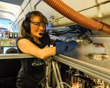 Becky Hornbrook filling the TOGA dewar with liquid nitrogen. Photographer: Sam Hall.