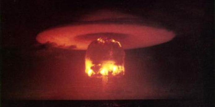Nuclear weapon test "Romeo" on Bikini Atoll, 27 March 1954. United States Department of Energy, public domain.