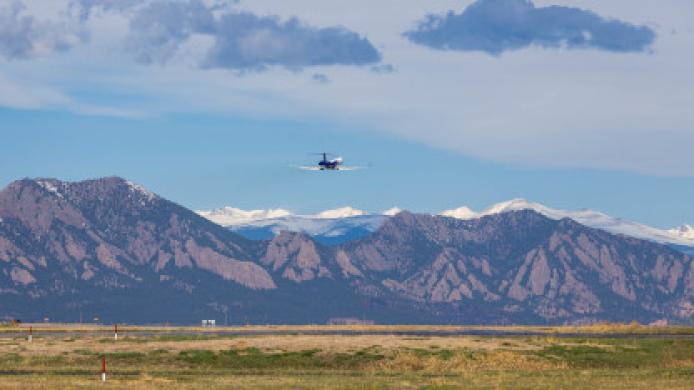 NSF/NCAR GV aircraft flies toward over Boulder toward the Continental Divide. Photo by Hongyu Guo at University of Colorado.