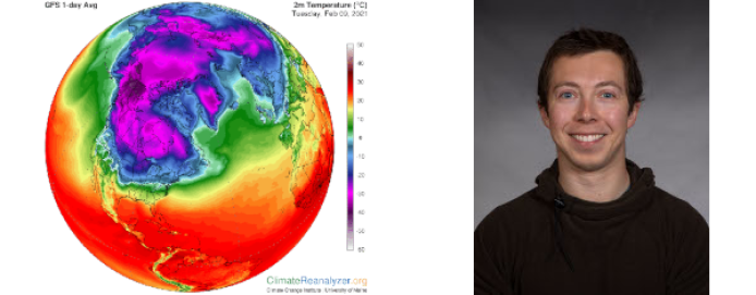 Arctic air spills into the United States on Feb. 9, 2021. Map: ClimateReanalyzer.org. Portrait of Nick Davis.