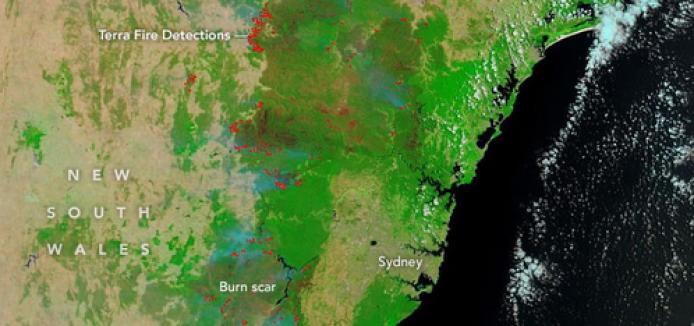 Terra fire detections over New South Wales, Australia. Image by NASA.