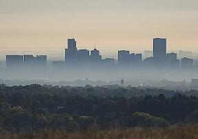 View of Denver skyline and air pollution from South Table Mountain