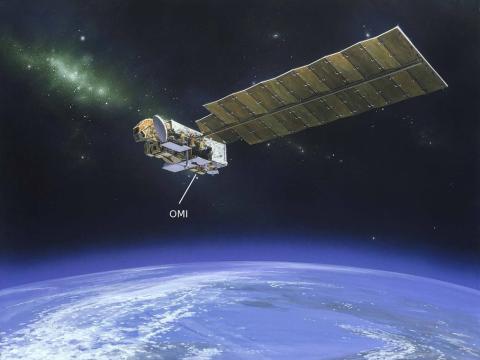 An artist's impression of the AURA satellite carrying OMI in orbit.