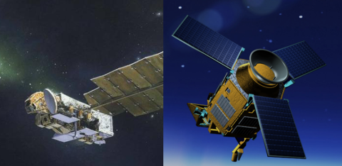 An artist's impression of the AURA satellite carrying OMI and the Sentinel-5 Precursor satellite carry TROPOMI in orbit.