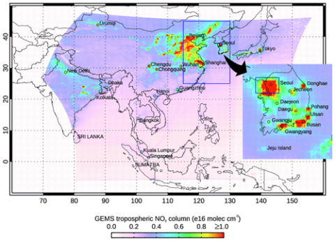 Figure 1 Averaged GEMS NO2 TrC for June 2023 showing the full extent of the instrument FOR. 