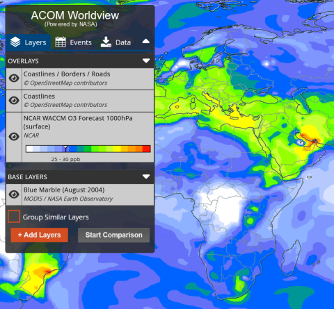 ACOM Worldview of surface ozone on September 23, 2024