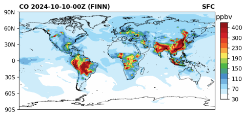 WACCM model output - Carbon monoxide surface, date 20241010-00Z