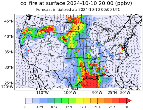 WRF-Chem model output - Carbon monoxide from wildfires, date 2024-10-10