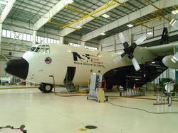 C-130 research aircraft in hangar at Rocky Mountain Regional Airport (July 11). Photo by Carl Drews.