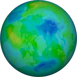 NASA false-color view of total ozone over the Arctic pole on October 3, 2021.