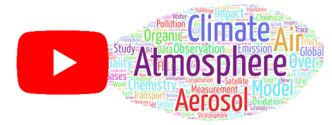 YouTube play arrow and Word Cloud diagram of ACOM seminar topics. Image by Graham Drews.