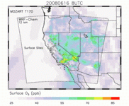A WRF-Chem simulation showing high amounts of ozone produced from wildfires.