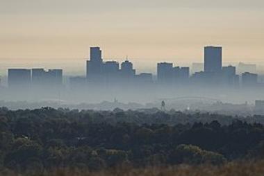 View of Denver skyline and air pollution from South Table Mountain